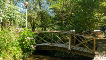 Fototapeta na wymiar Pedestrian wooden bridge over the river. Walking paths in the natural park