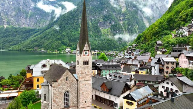 Famous Austrian town of Hallstatt, aerial view of alpine village of Hallstatt, tourism and vacation in Austrian Alps, UNESCO World Heritage site in Austria