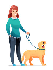 Woman with her beloved dog cartoon illustration