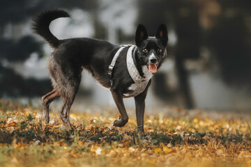 cute pooch in autumn park orange background