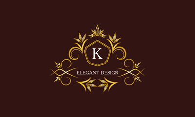 Golden logo template for label or vintage signs with letter K. Geometric ornament, isolated design, gold on dark background. Elegant fashionable lace