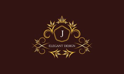 Golden logo template for label or vintage signs with letter J. Geometric ornament, isolated design, gold on dark background. Elegant fashionable lace