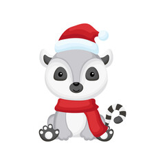 Cute little lemur sitting in a Santa hat and red scarf. Cartoon animal character for kids t-shirts, nursery decoration, baby shower, greeting card, invitation. Isolated vector stock illustration