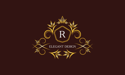 Golden logo template for label or vintage signs with letter R. Geometric ornament, isolated design, gold on dark background. Elegant fashionable lace