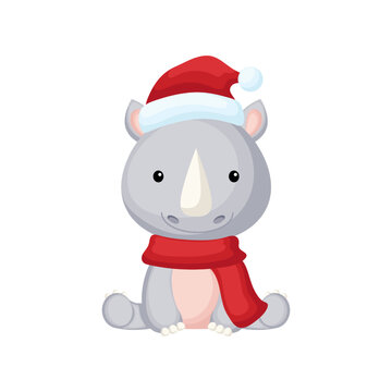 Cute little rhino sitting in a Santa hat and red scarf. Cartoon animal character for kids t-shirts, nursery decoration, baby shower, greeting card, invitation. Isolated vector stock illustration
