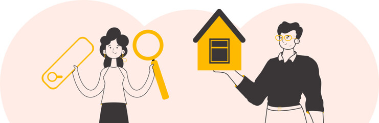 Realtor team. The concept of searching, buying and selling real estate. Minimalistic linear style. Vector illustration.