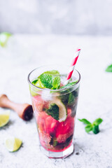 Summer refreshing drink with rhubarb, lemon and mint