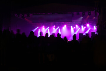 Crowd at concert and blurred stage lights.