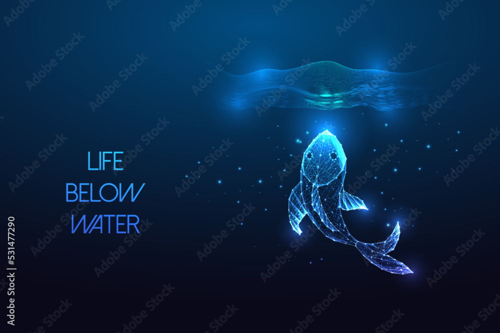 Poster life below water as part of sustainable development goals concept with fish underwater on blue