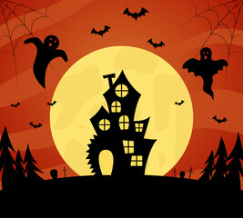 Halloween. Creepy house on the background of the moon. Ghosts, bats, cobwebs. Vector illustration.