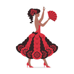 Dance of a Spanish dancer. Modern ballroom and ethnic dances. Dancer in motion in studio, stage or dance hall. Spanish girl with a fan. Vector illustration. - obrazy, fototapety, plakaty