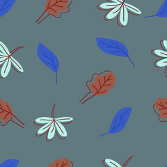 Vector colorful autumn natural seamless pattern with autumn leaves. Endless pattern in hand drawn style. Doodle leaves on dark background