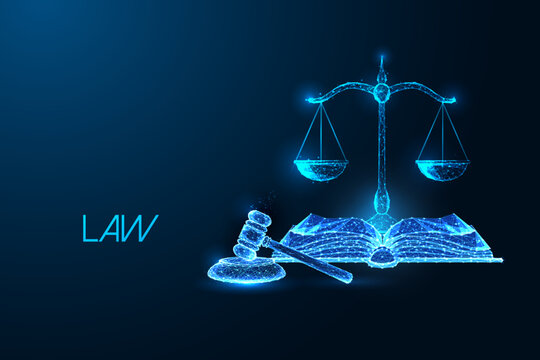  Law, Justice, court decision concept with scales, gavel and open book in futuristic style on blue 