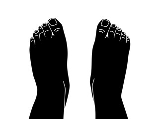 Top view of two black bare human feet. Foot legs. Vector flat silhouette illustration