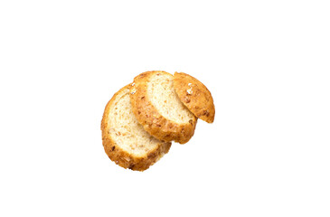 three slices wheat bread isolated on white background, fresh bread with seeds and linen, top view. High quality photo