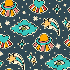 70s 80s groovy retro seamless vector pattern. Cartoon ufo cloud rainbow sticker retro summer psychedelic funky cute background