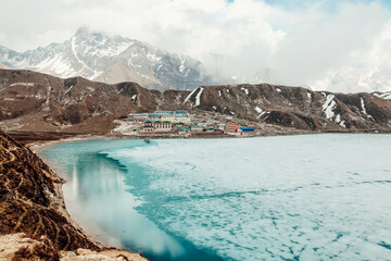 Amazing blue Gokio lake under ice and snow, Nepal, Himalayas