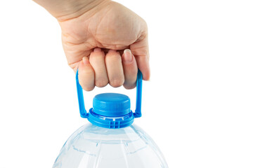 gallon of water in a big bottle in hand isolated on white background, water delivery