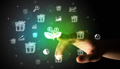 Businessman finger touching on screen multimedia interface with hand drawn currency icons