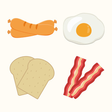 Breakfast food, Egg, sausage, bacon, bread toast, poster, banner, web design Vector illustration cartoon flat icon isolated on white background.