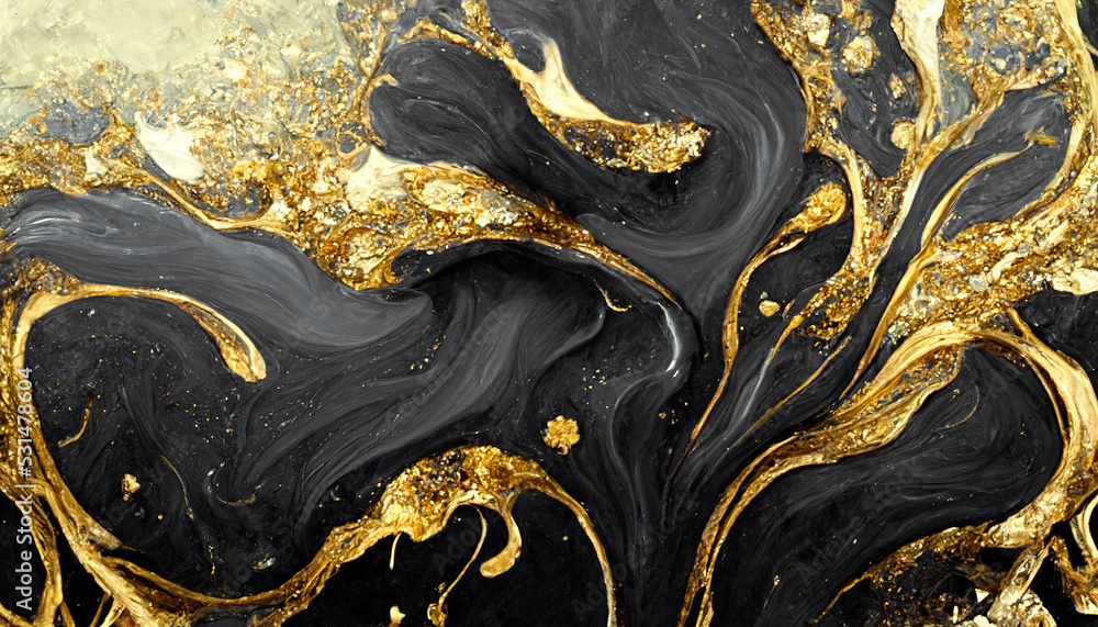 Poster spectacular realistic abstract backdrop of a whirlpool of black and gold. digital art 3d illustratio