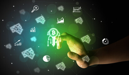 Businessman finger touching on screen multimedia interface with hand drawn currency icons