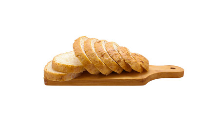 Freshly baked whole wheat flax and sunflower seed bread sliced on old wood cutting board. side view