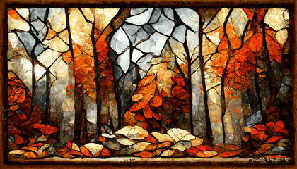 Spectacular autumn season abstract pattern in mosaic glass background features with orange forest landscape and sky. Digital art 3D illustration.
