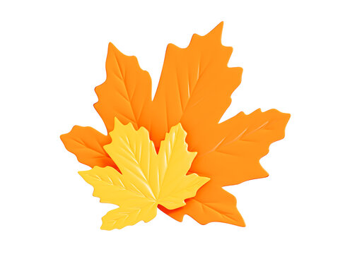 3D Orange and yellow leaves. Autumn maple leaf. Golden fall. Realistic element for banner and poster. Season decoration. Cartoon creative design icon isolated on white background. 3D Rendering