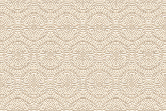 Embossed light background, ethnic elegant floral cover design. Geometric 3D pattern, press paper, handmade style. Tribal ornamental themes of the East, Asia, India, Mexico, Aztecs, Peru.