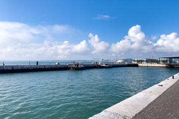 Small boat moored in a harbor in Lisbon