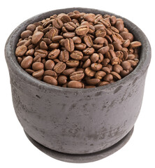 Roasted coffee beans in dark clay pot