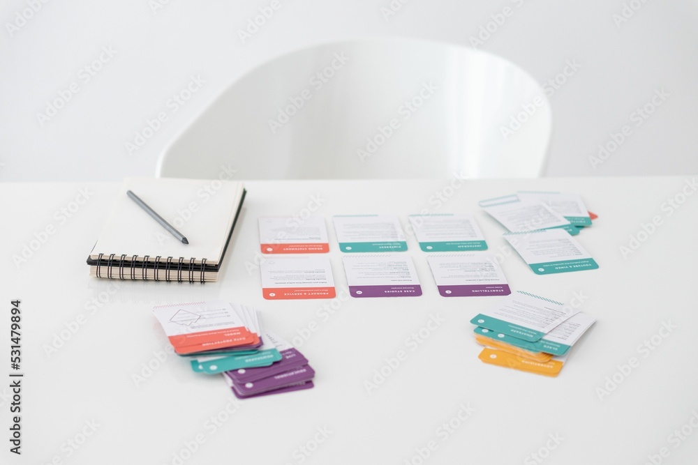Poster flat lay of a notepad and note cards on a white table