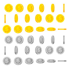 Cartoon coin animation sprites. Gold and silver coins flip and rotate. Round dollar for animated game. Money icon in angle view vector set. Illustration silver and gold coin, flip and rotate.