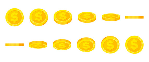 Gold coin dollar  turn around different position set for game or apps animation. Bingo jackpot casino poker win rotation elements.
Vector illustration cartoon flat icon isolated on white background.