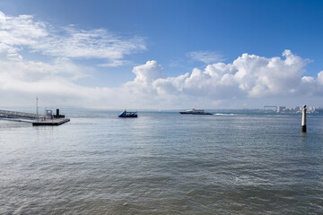 View of boats sailing on the sea in Lisbon