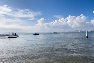 View of boats sailing on the sea in Lisbon