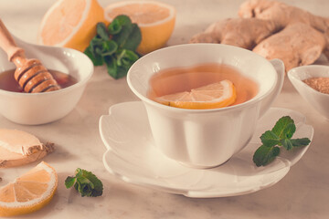 Tea with ginger, lemon and mint, selective focus, no people, sunlight, breakfast, morning, lifestyle,