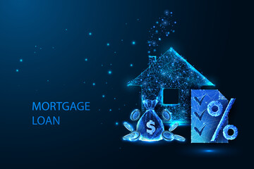  Mortgage loan concept with house, money bag, contract and percentage signs on dark blue background