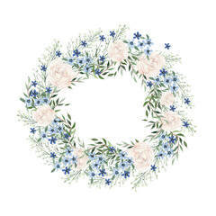 Watercolor wreath with different flowers and leaves. Illustration