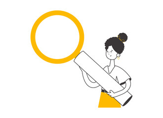 The girl is holding a magnifying glass in her hands. Modern linear style.  