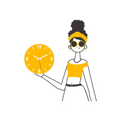 The girl is holding a watch in her hands. Time management concept. Lineart trendy style.  