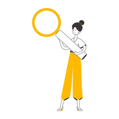 The woman is holding a magnifying glass in her hands. Modern linear style.  