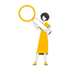 The woman is holding a magnifying glass in her hands. Minimalistic linear style.  