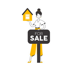 Woman real estate sales specialist. Lineart trendy style.  