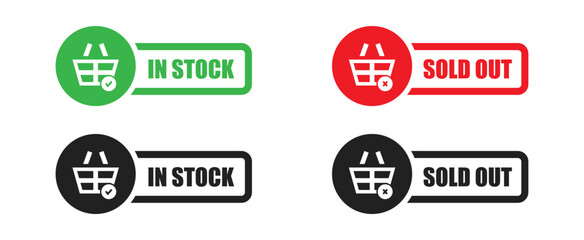 Inn Stock and Out Of Stock button set. Shopping icons with shopping bag, checkmark and cross. Vector EPS 10