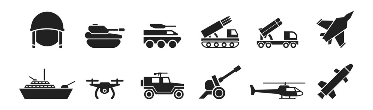 Military, war, army black icon set. Vector EPS 10