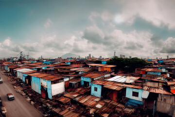 Digitally generated image of makeshift shacks in a poverty stricken city slum