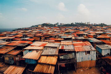 Digitally generated image of makeshift shacks in a poverty stricken city slum