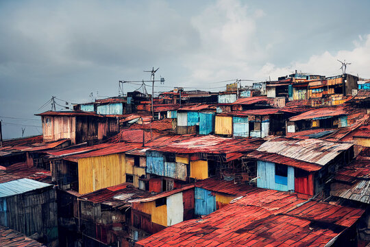 Digitally generated image of makeshift shacks in a poverty stricken city slum